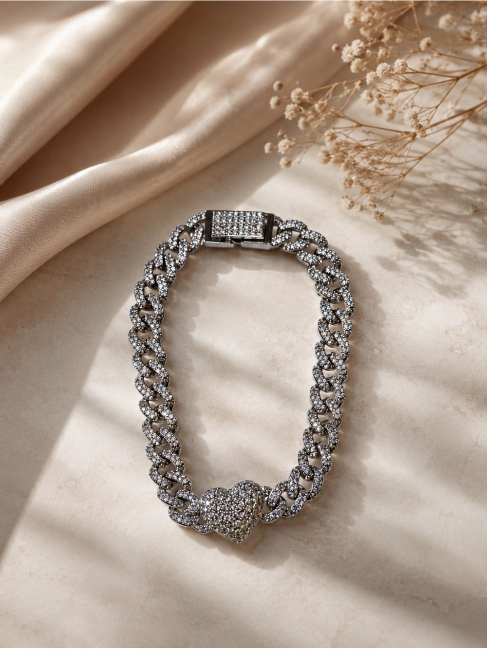 925 Silver Pave Heart Cuban Link Bracelet - Women's Jewelry